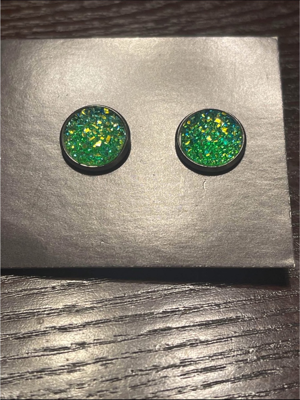 Green Iridescent Druzy Stud Earrings - Women Jewelry